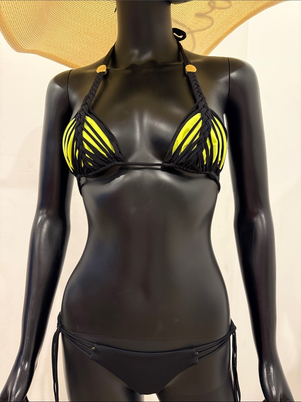 Agent Provocateur Brazilian style Neon Cutout Bikini Set BlackYellow Size 2 Rare